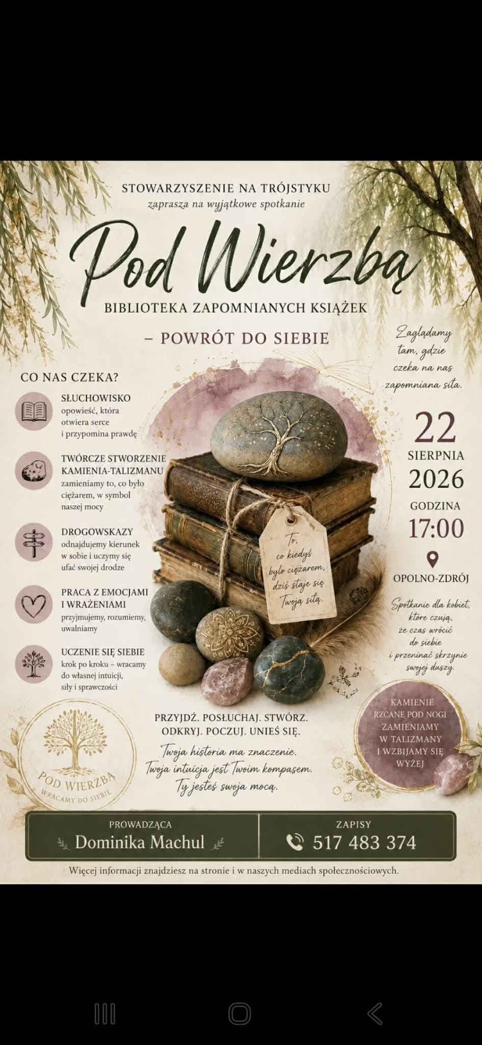 A promotional flyer for a workshop featuring a stack of books and stones with text details.