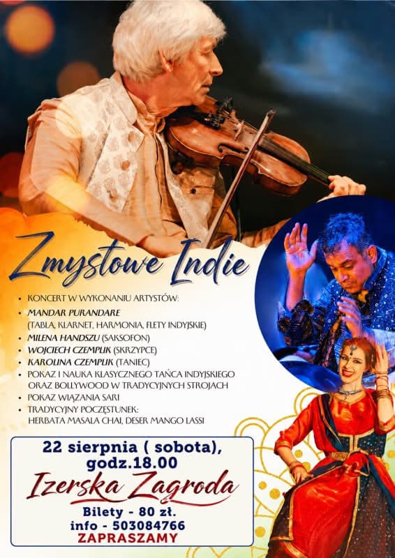 Event poster for Zmysłowe Indie featuring a violinist, a musician, and an Indian dancer.