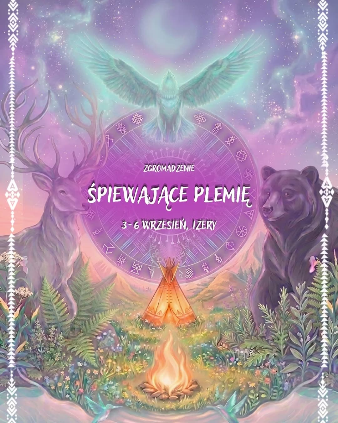 Fantasy illustration shows a deer, a bear, a campfire, a tipi, and a glowing bird against a celestial background.