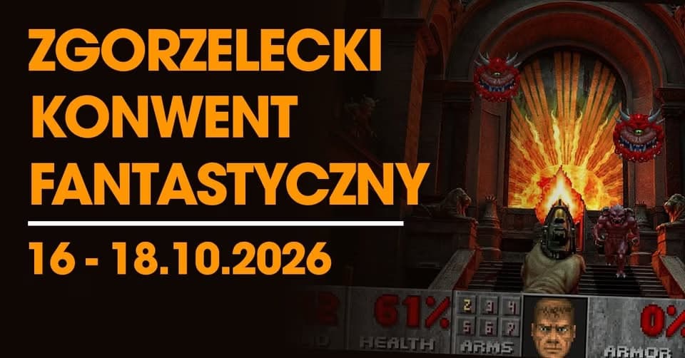 Bold text announcing a fan convention dates over a dark Doom video game background scene.