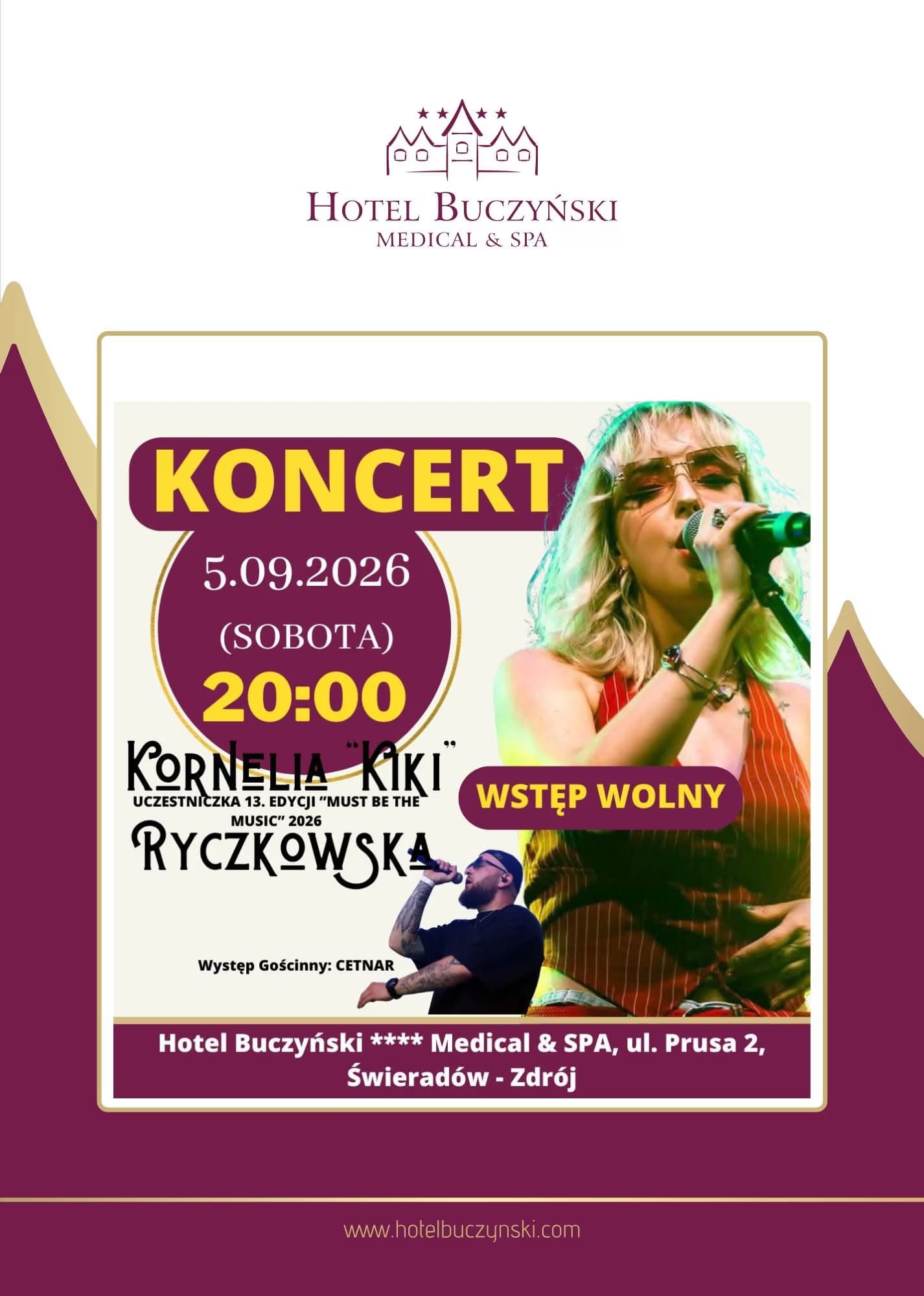 Concert flyer for Kornelia Ryczkowska at Hotel Buczynski Medical and Spa on September 5th, 2026.