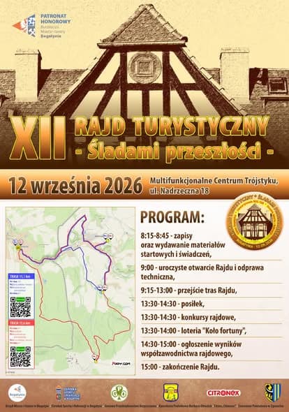 A poster for the 12th tourist rally features a building sketch, a route map, and event program details.