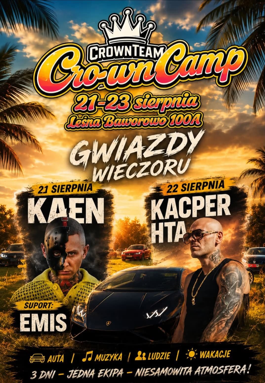Event poster for Crown Camp featuring rap artists KaeN, Kacper HTA and Emis at sunset.
