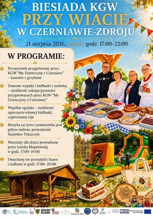 A flyer for a rural community event featuring food, music, and activities in Czerniawa-Zdrój.