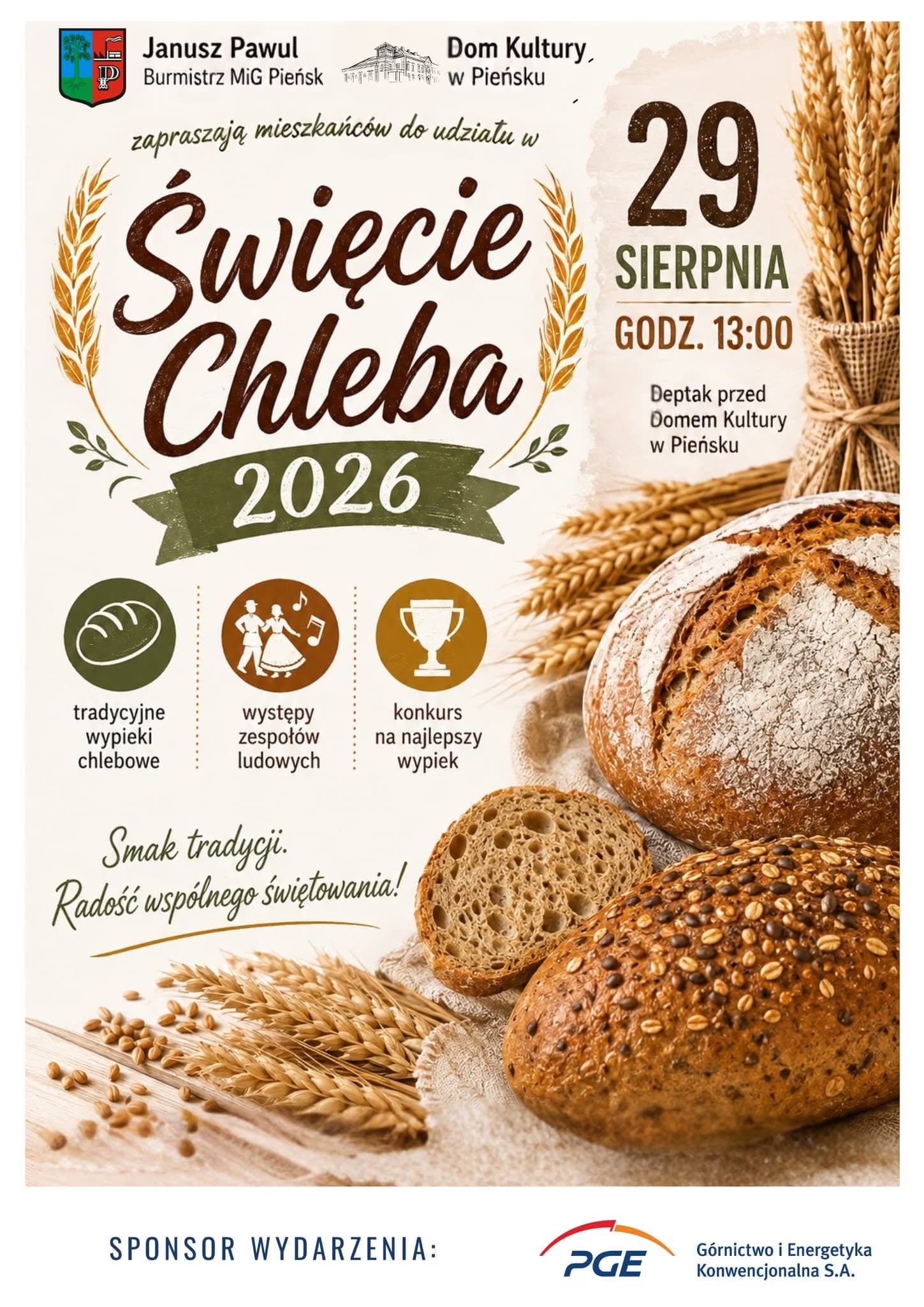Event poster for a Bread Festival 2026 in Pieńsk with loaves of bread and wheat stalks.