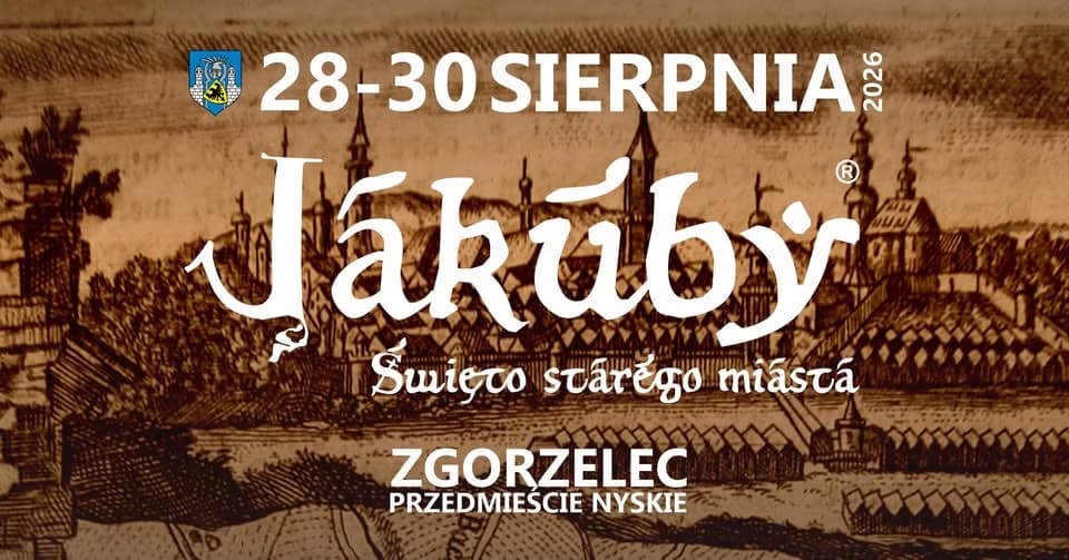 Historical woodcut drawing shows the Jakuby city festival promotional banner in Zgorzelec with event dates.