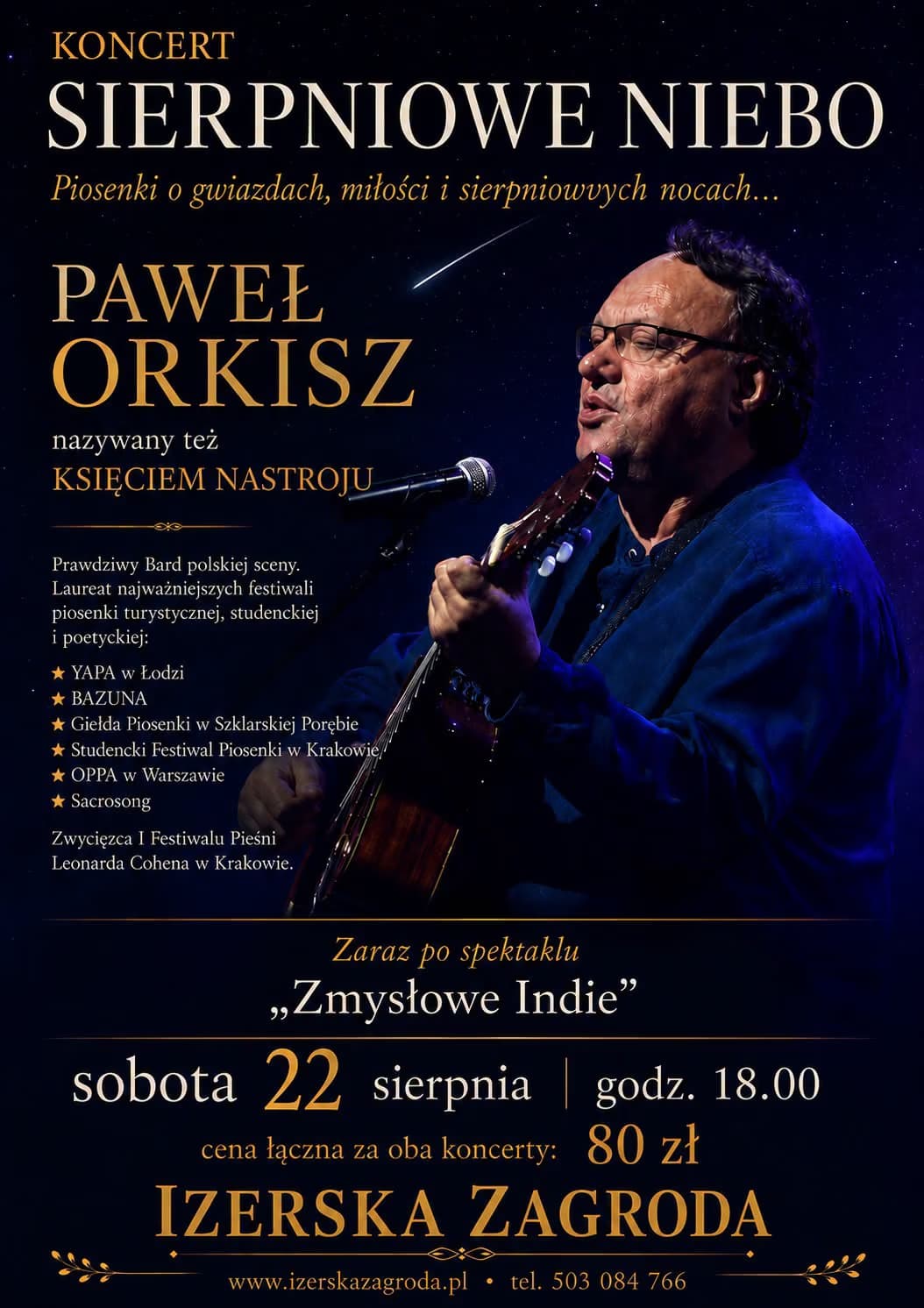 Paweł Orkisz performs with a guitar on stage against a backdrop of a starry night sky.