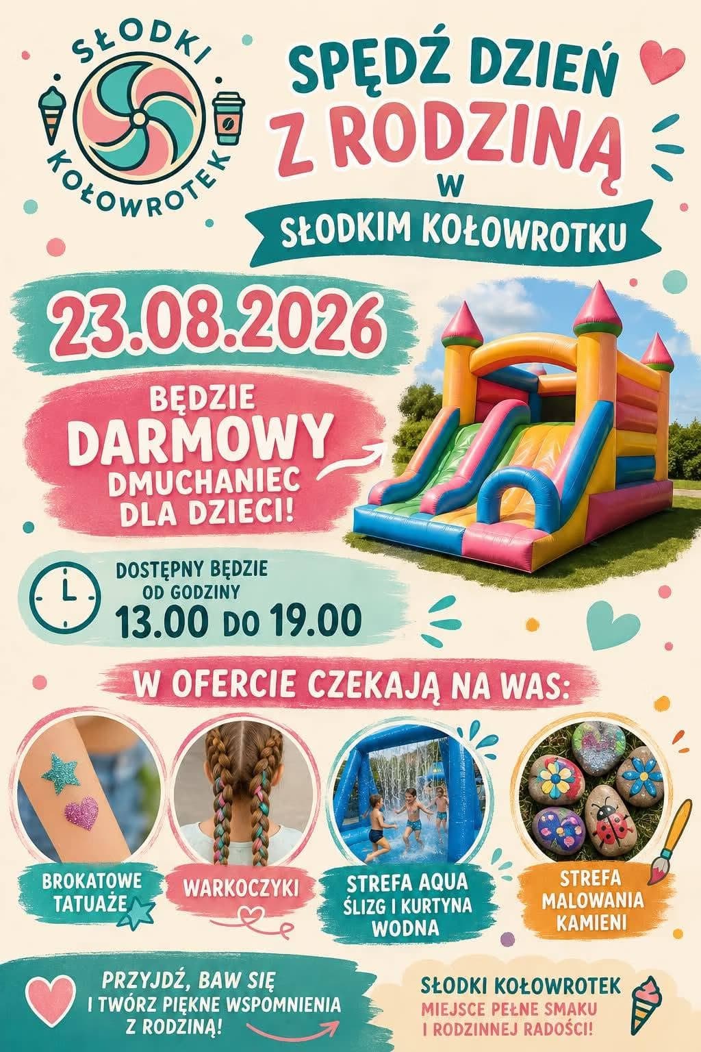 Colorful event flyer advertising a family day with bouncy castles and activities in August 2026.