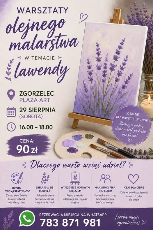 Promotional flyer for a lavender-themed oil painting workshop in Zgorzelec featuring painting supplies and canvas.