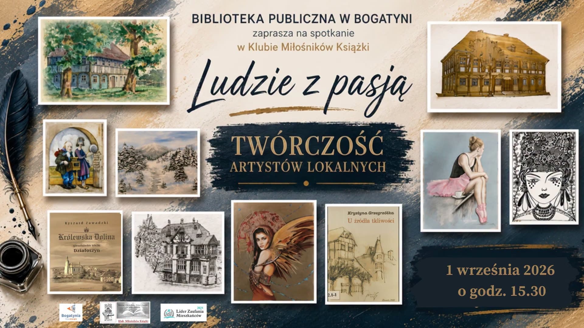 Pozvánka na výstavu s názvem Ludzie z pasją zdobená koláží místních uměleckých děl a perem.