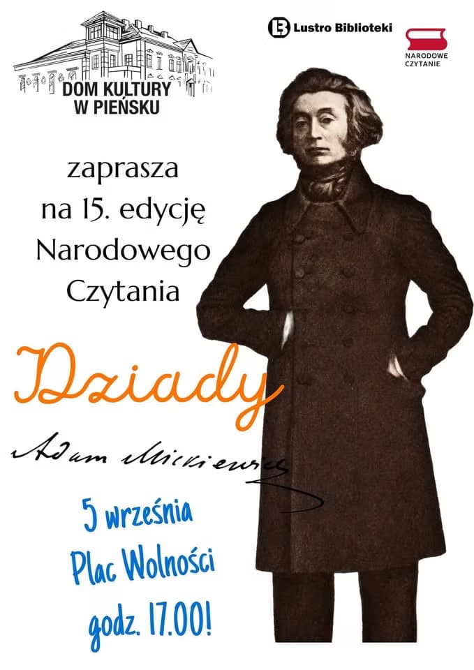 Plakát s portrétem Adama Mickiewicze propagující veřejné čtení v Pieńsku.