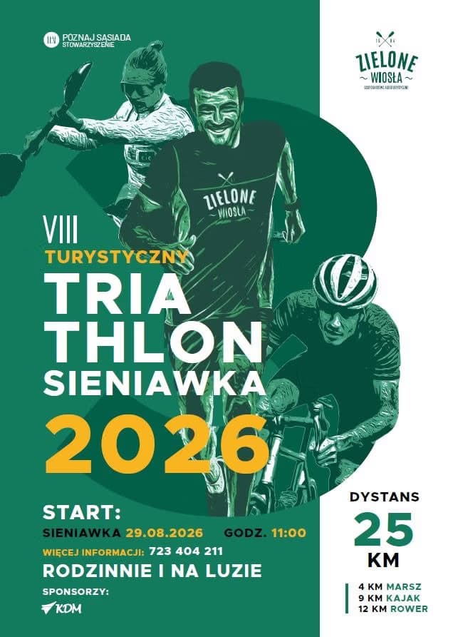Plakát na triatlon v Sieniawce 2026 s ilustracemi běžce, cyklisty a vodáka na kajaku.