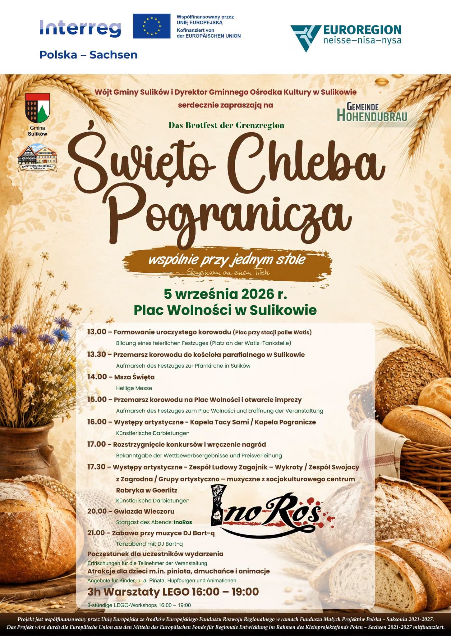 Pozvánka na přeshraniční slavnost chleba v Sulówě s motivem čerstvého pečiva a pšeničných klasů.