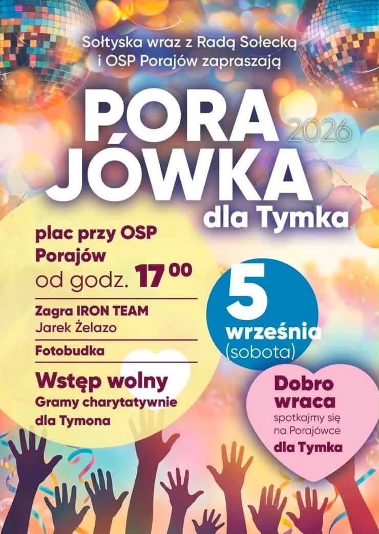 Barevný plakát na akci s motivem zvednutých rukou a disco koulí oznamuje charitativní večírek.