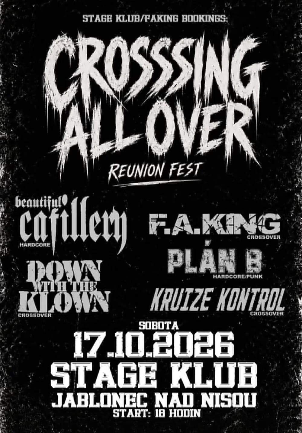 A black and white poster promoting the Crosssing All Over Reunion Fest in Jablonec nad Nisou.