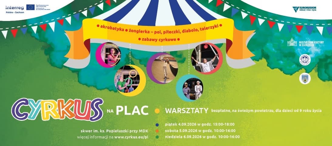 Bunter Flyer im Zirkus-Design bewirbt Kinder-Workshops mit Veranstaltungsdaten und -orten.