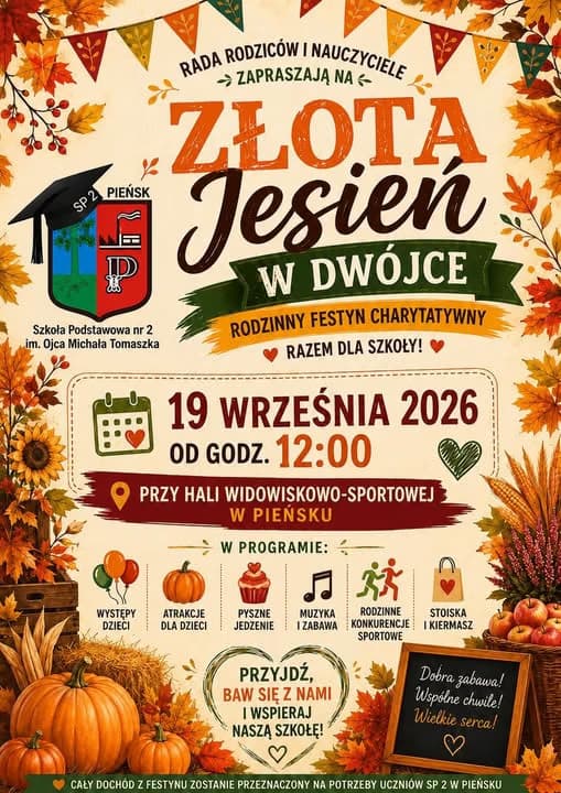 Barevný podzimní leták na školní charitativní akci s dýněmi a podzimním listím.