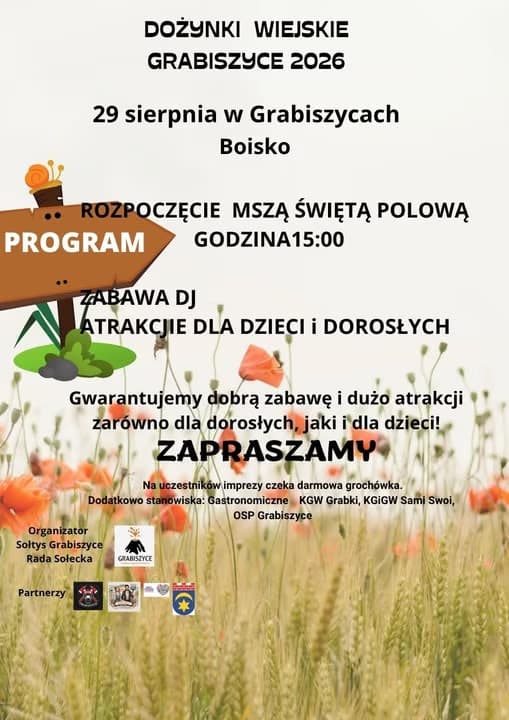Pozvánka na venkovní slavnost Dożynki Wiejskie 2026 s textem přes pole s vlčími máky a obilím.