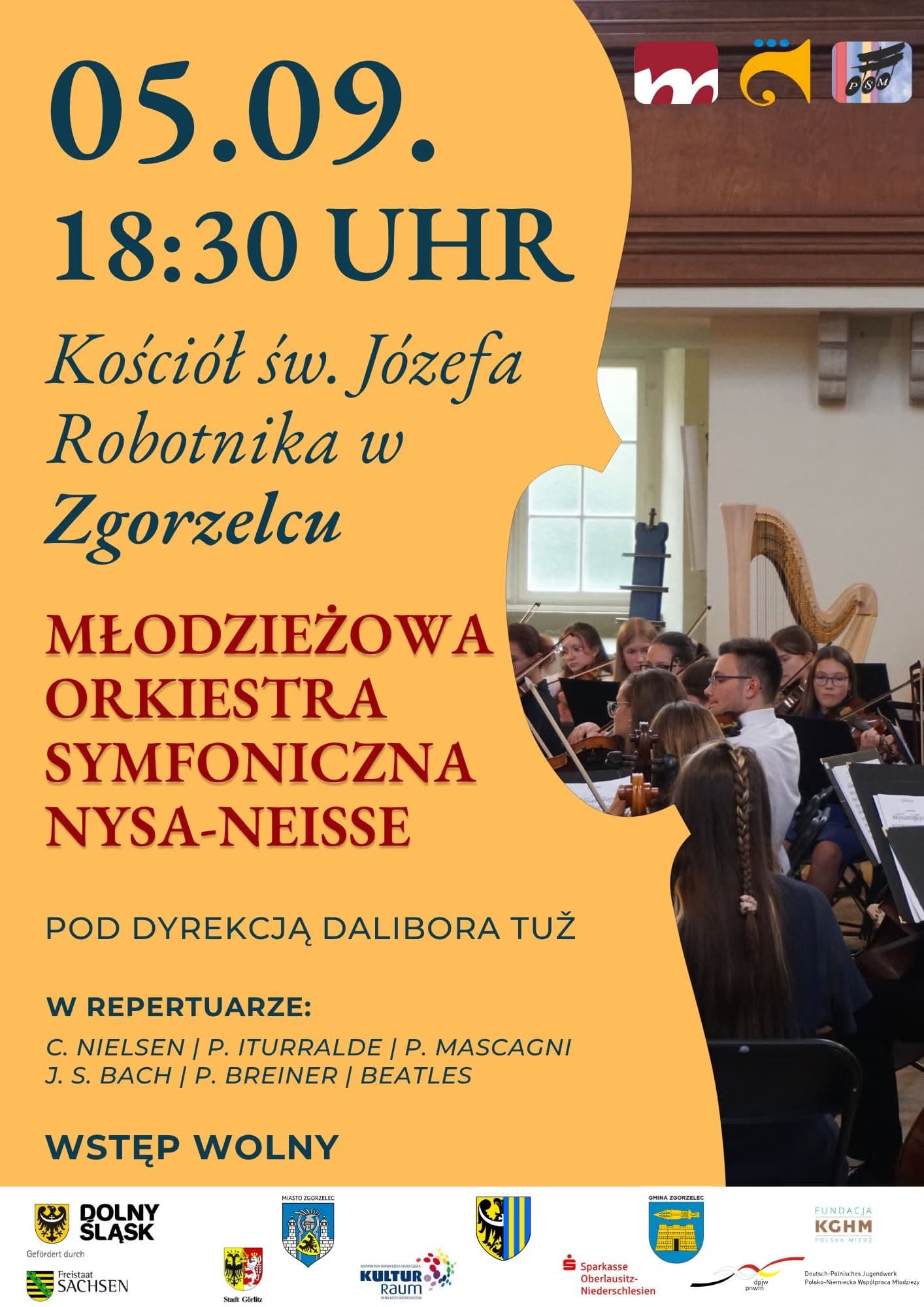 Plakat informujący o koncercie młodzieżowej orkiestry symfonicznej w Zgorzelcu.