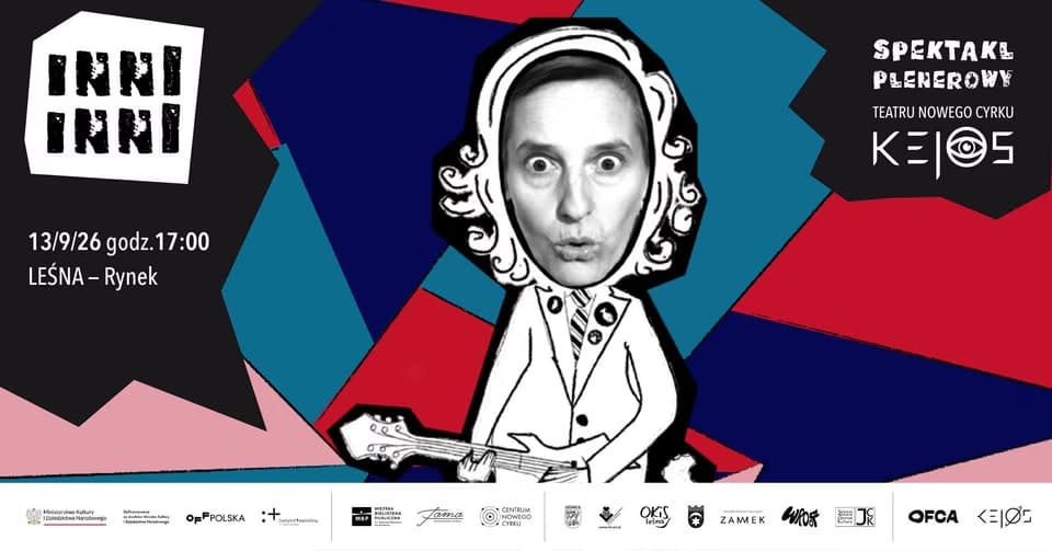 Grafický plakát se surrealistickou kreslenou postavou se skutečným obličejem a kytarou na geometrickém pozadí.