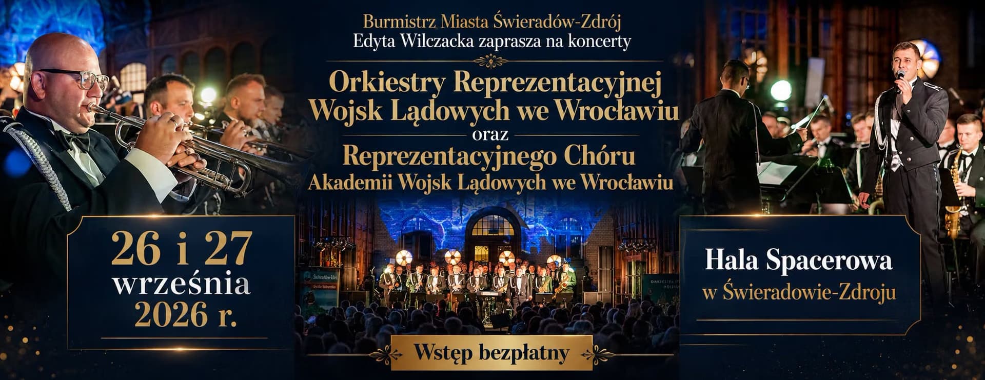 Orkiestra wojskowa i chór występują na scenie na promocyjnym plakacie koncertowym.