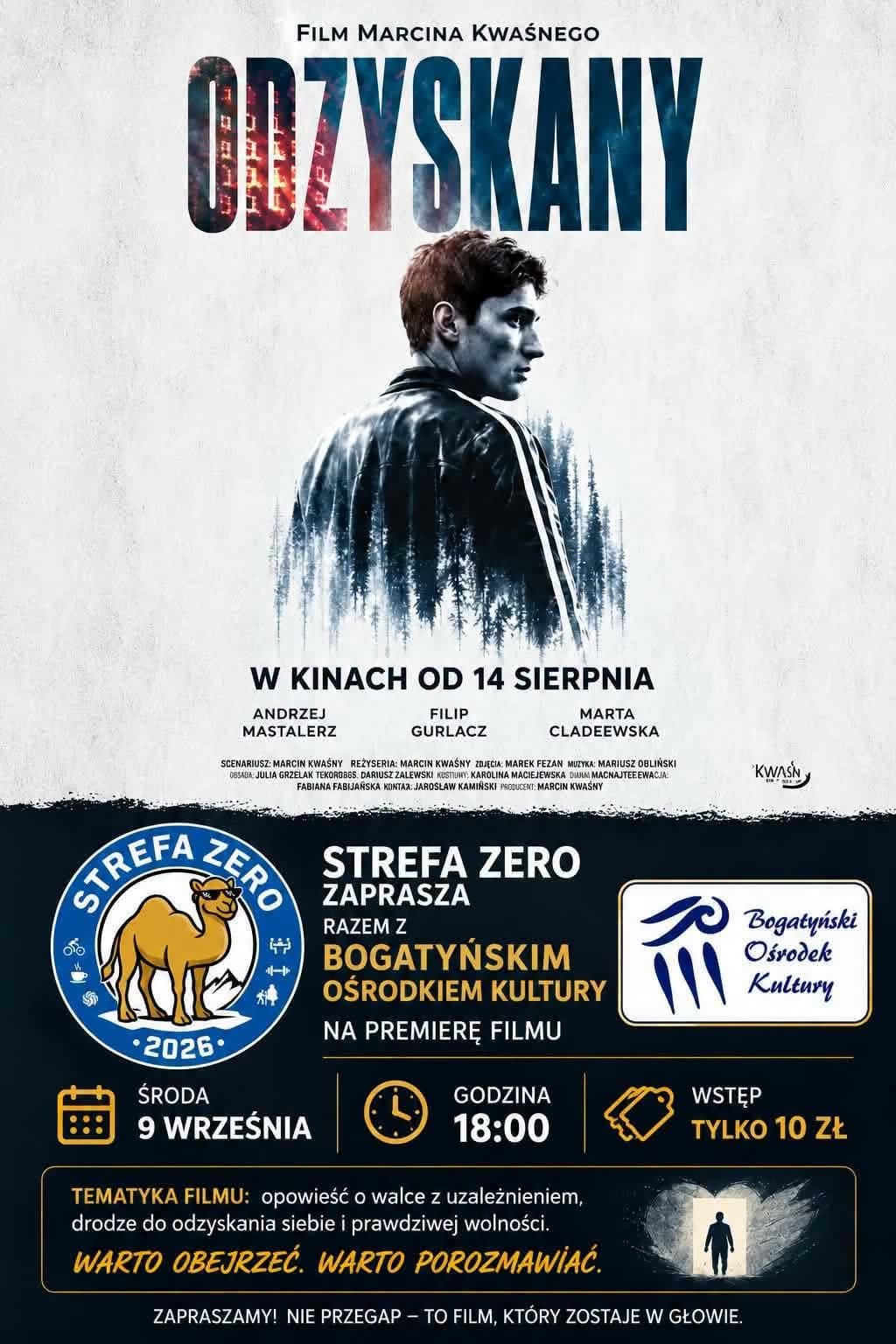Plakat filmowy Odzyskany z mężczyzną z profilu oraz szczegółami wydarzenia w Bogatyńskim Ośrodku Kultury.