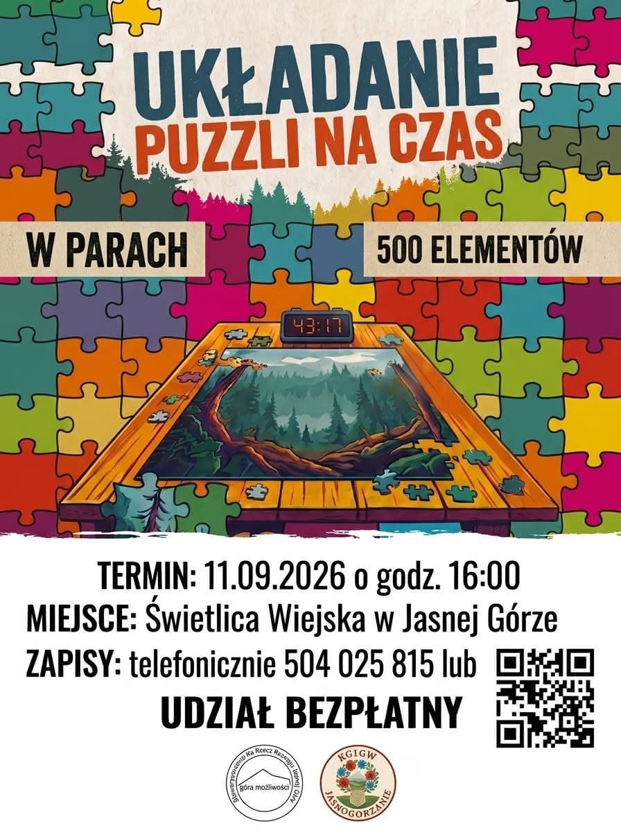 Kolorowy plakat zaprasza pary na konkurs w układaniu puzzli na czas z 500 elementów.