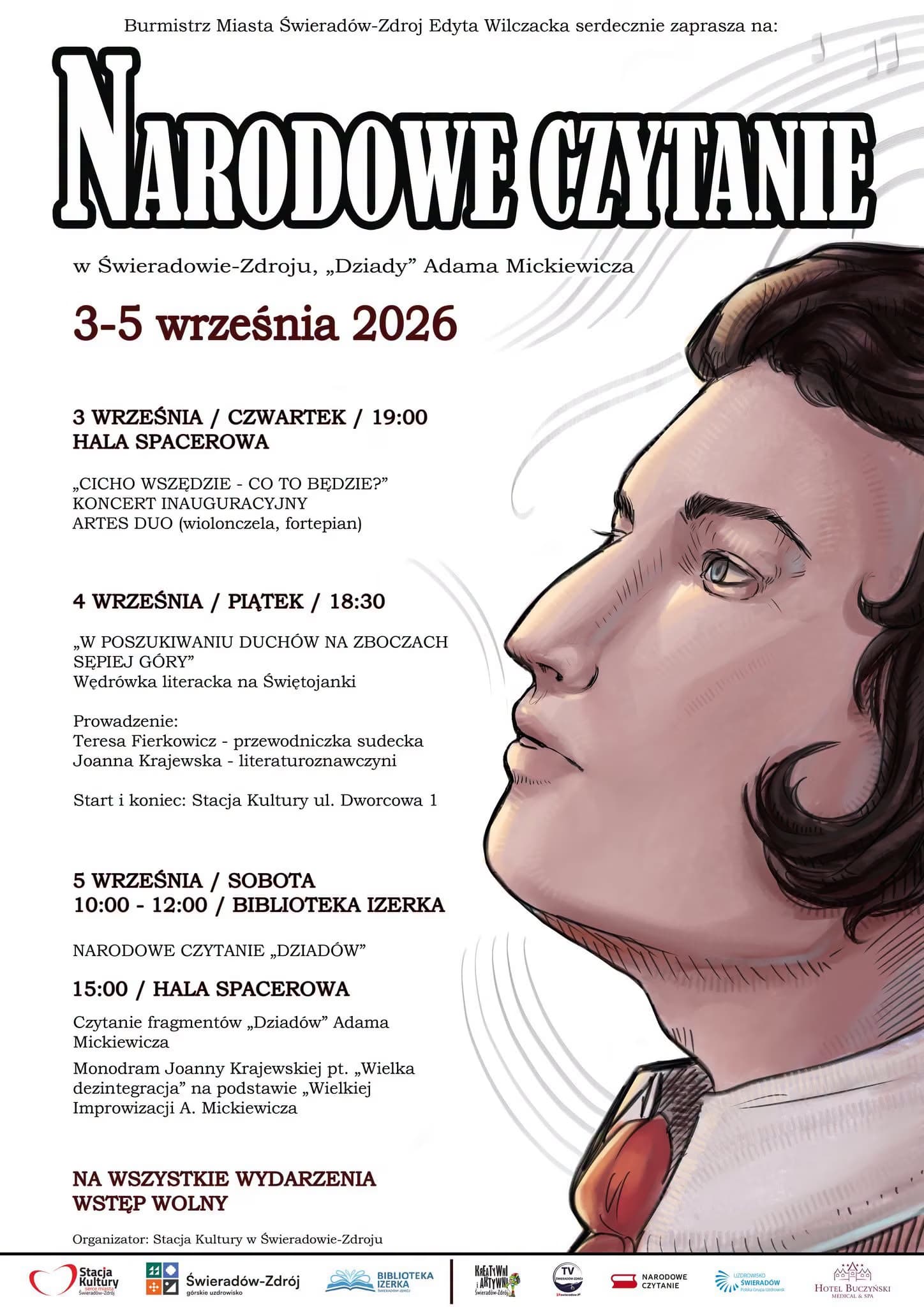 Ein Veranstaltungsplakat zum Literaturfestival Narodowe Czytanie mit einem Porträt und Terminangaben.