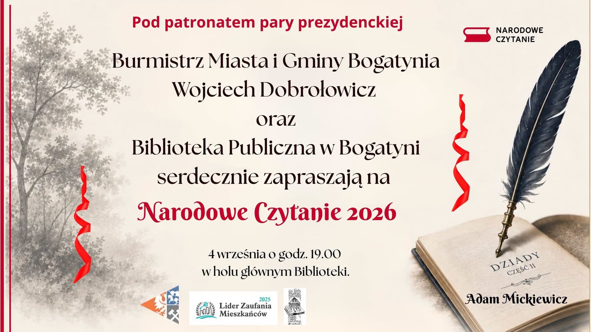 Plakat literacki z piórem nad otwartą książką Dziady Adama Mickiewicza.