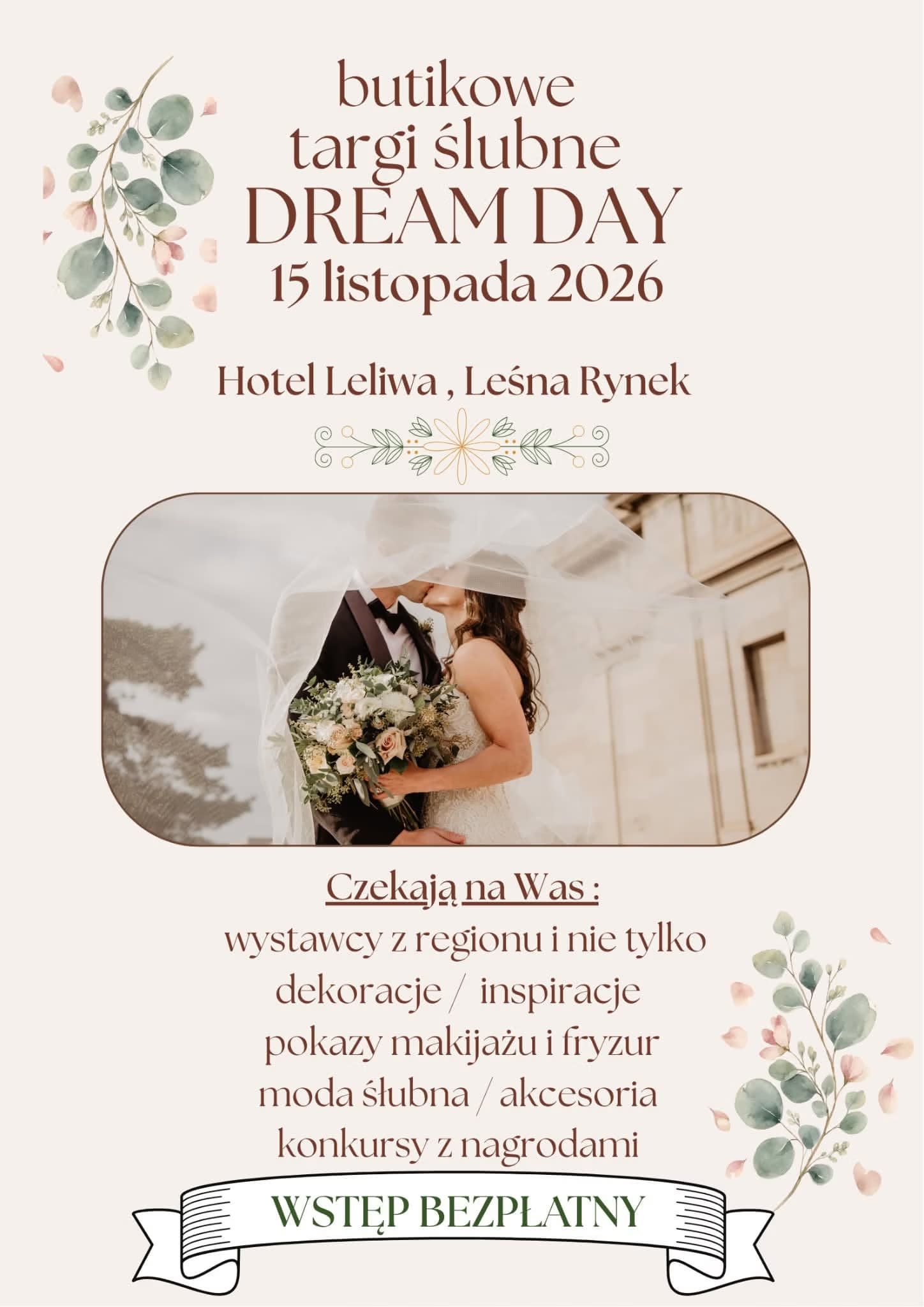 Plakat butikowych targów ślubnych Dream Day, które odbędą się 15 listopada 2026 w hotelu Leliwa.