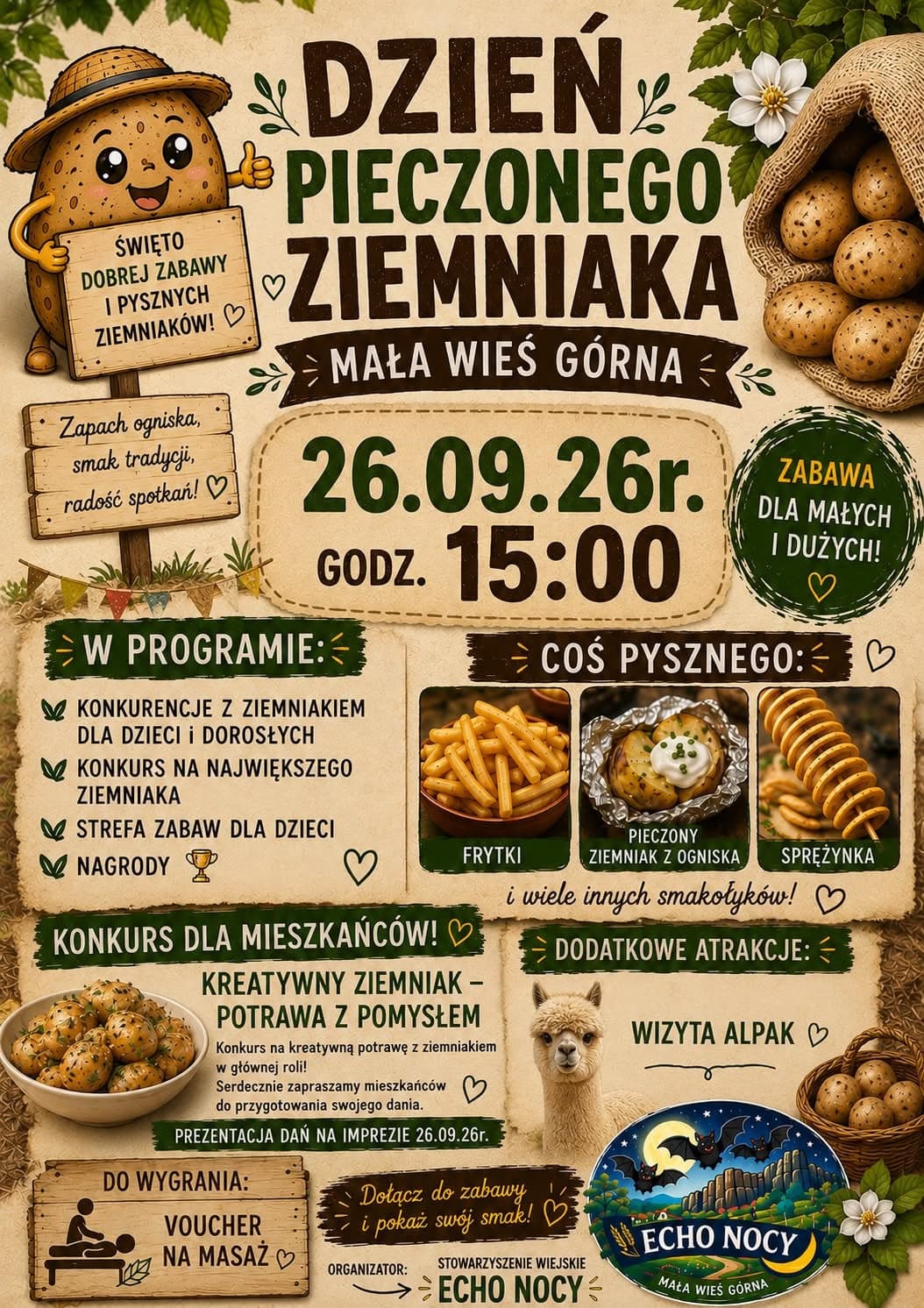 Plakat promocyjny święta pieczonego ziemniaka z rysunkowym ziemniakiem, datą i szczegółami programu.