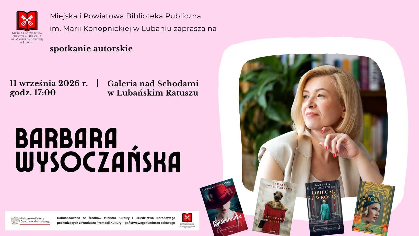 Plakat zapraszający na spotkanie autorskie z pisarką Barbarą Wysoczańską w Lubaniu.