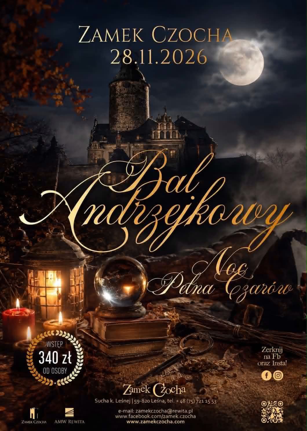 A mystical poster features a castle at night, a crystal ball, and candles promoting a magic-themed ball.