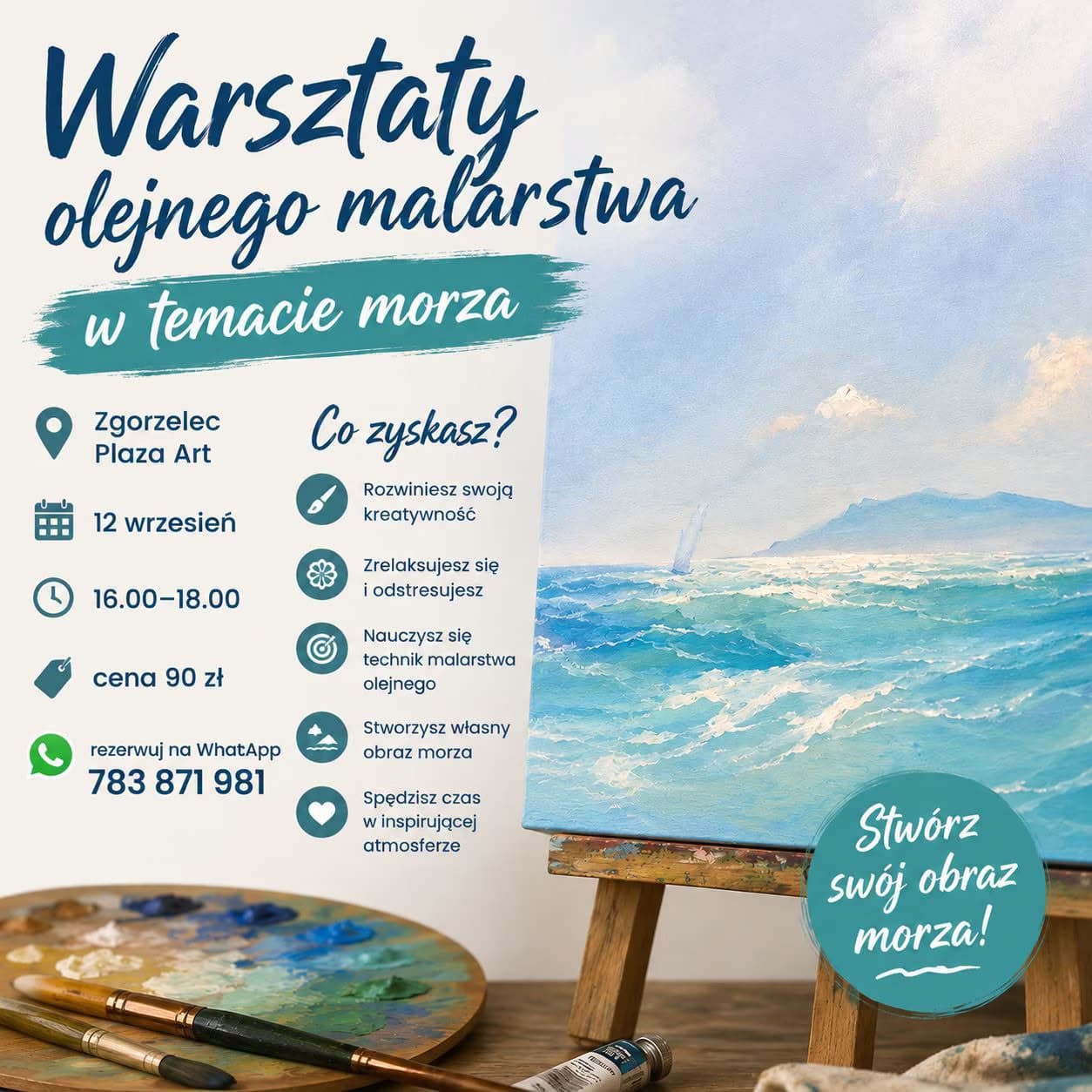 Plakat promocyjny warsztatów malarstwa olejnego z obrazem morza oraz przyborami malarskimi.