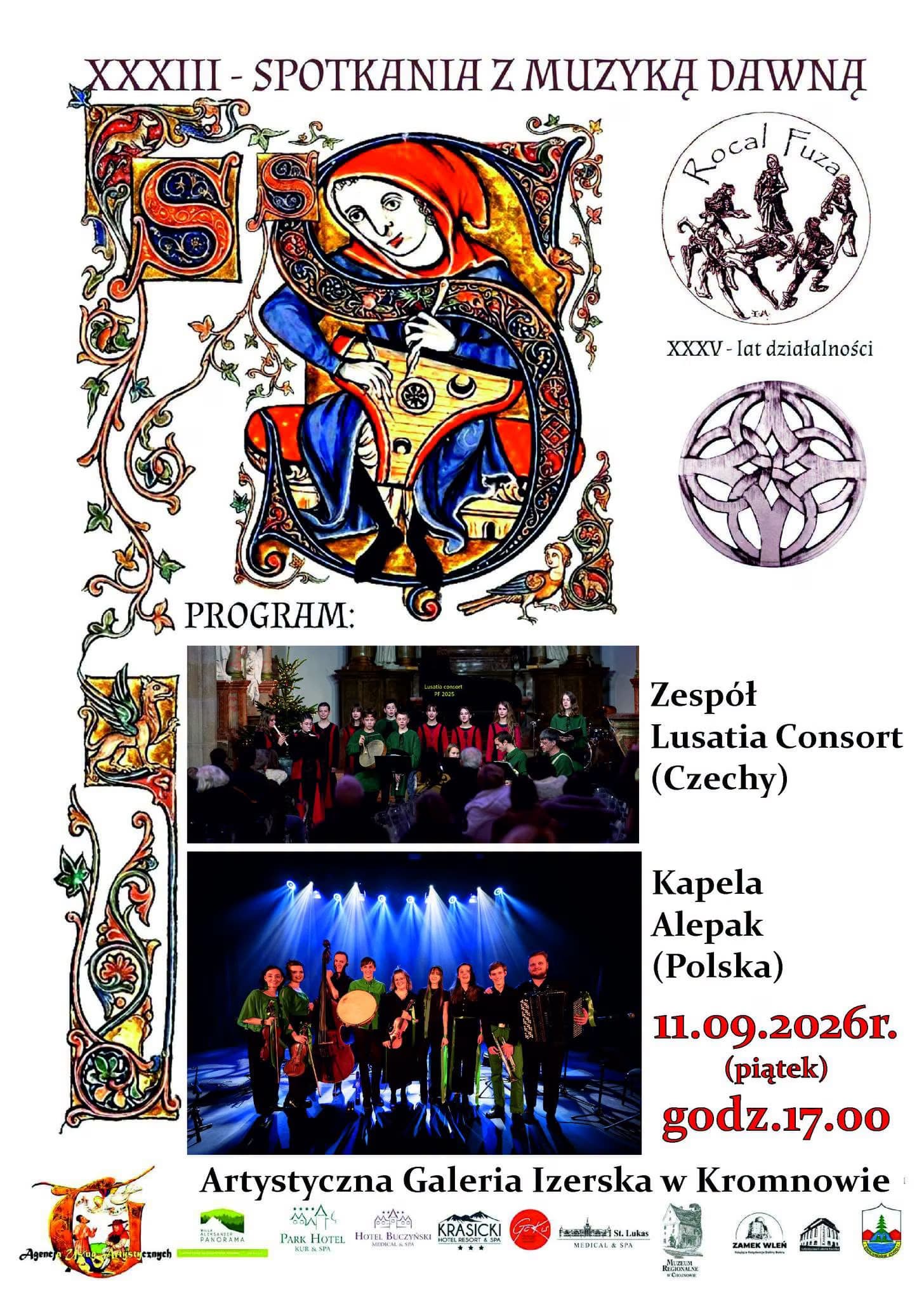 Plakat muzyczny w stylu średniowiecznym, ozdobiony iluminacją oraz zdjęciami dwóch zespołów muzycznych.