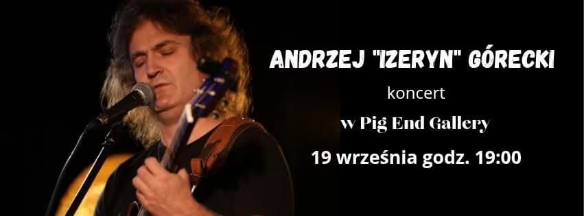 Długowłosy gitarzysta występuje na koncercie, po prawej stronie podano szczegóły wydarzenia.