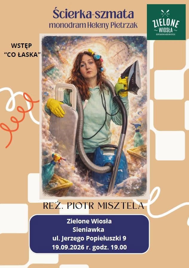 Kobieta ze sprzętem do sprzątania i żelazkiem jest głównym motywem tego plakatu teatralnego.