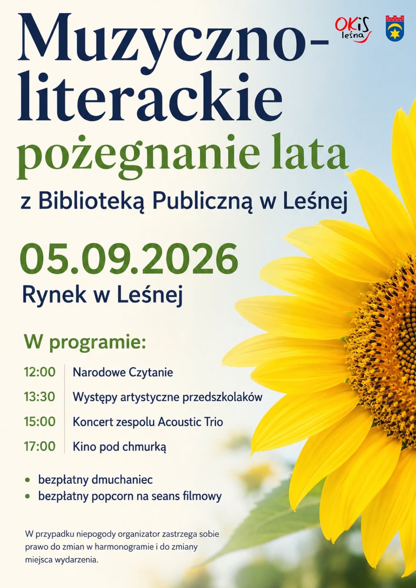 Plakat promocyjny z dużym słonecznikiem zaprasza na muzyczno-literackie pożegnanie lata w Leśnej.