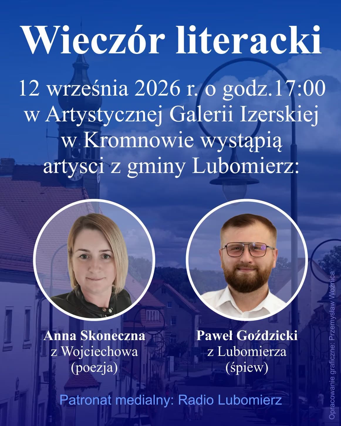 Plakat promujący wieczór literacki z portretami dwojga artystów na niebieskim tle.