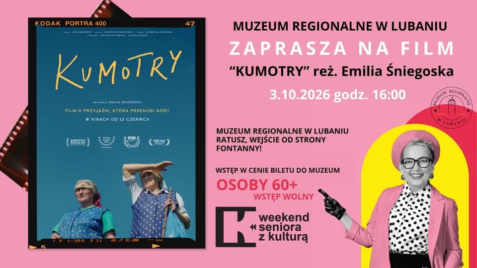 Pink promotional poster for the film Kumotry showing a movie still, event details, and an older woman.