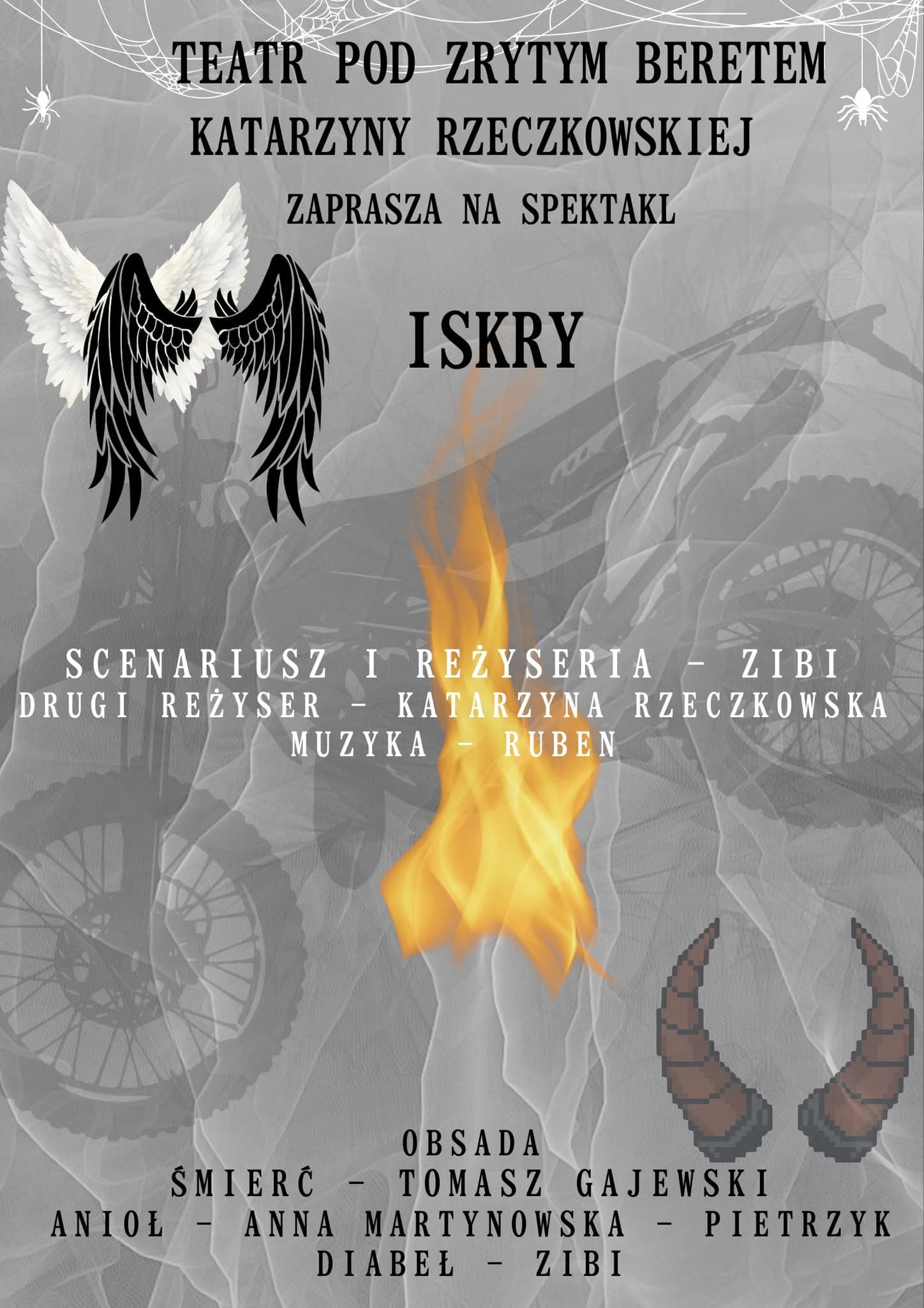 A theatrical play poster with a flame, angel wings, and devil horns on a motorcycle background.
