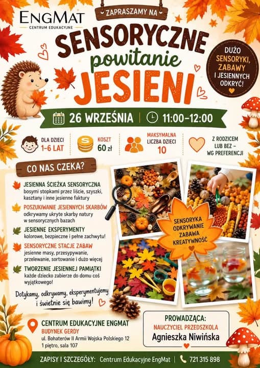 Colorful autumn-themed event flyer featuring a hedgehog illustration, fall leaves, and workshop details for children.
