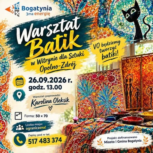 A colourful poster announces a batik workshop in Opolno-Zdrój, featuring patterned fabrics and workshop details.