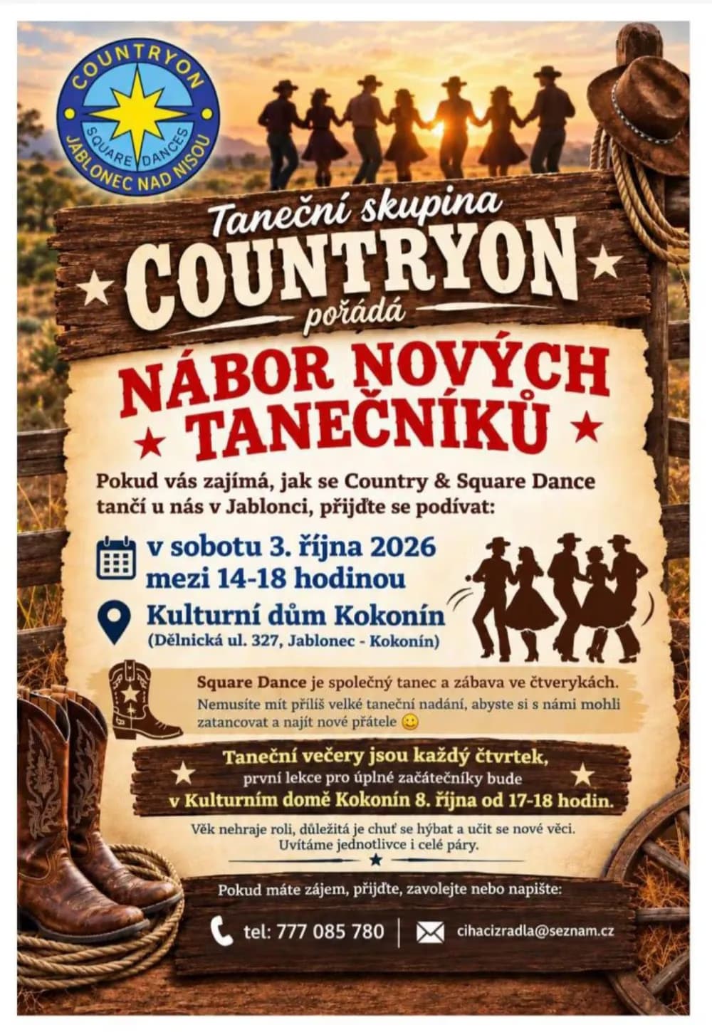 Propagační plakát ve westernovém stylu zve na nábor nových tanečníků country v Jablonci nad Nisou.