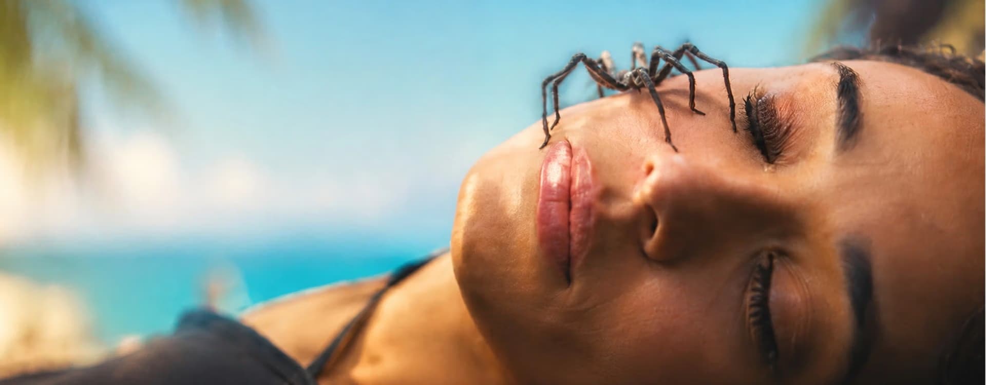 Eine Spinne krabbelt über das Gesicht einer Frau, die vor blauem Himmel draußen liegt.