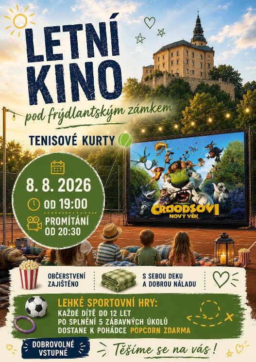 Outdoor summer cinema poster showing children watching a movie on a screen near Frýdlant Castle.