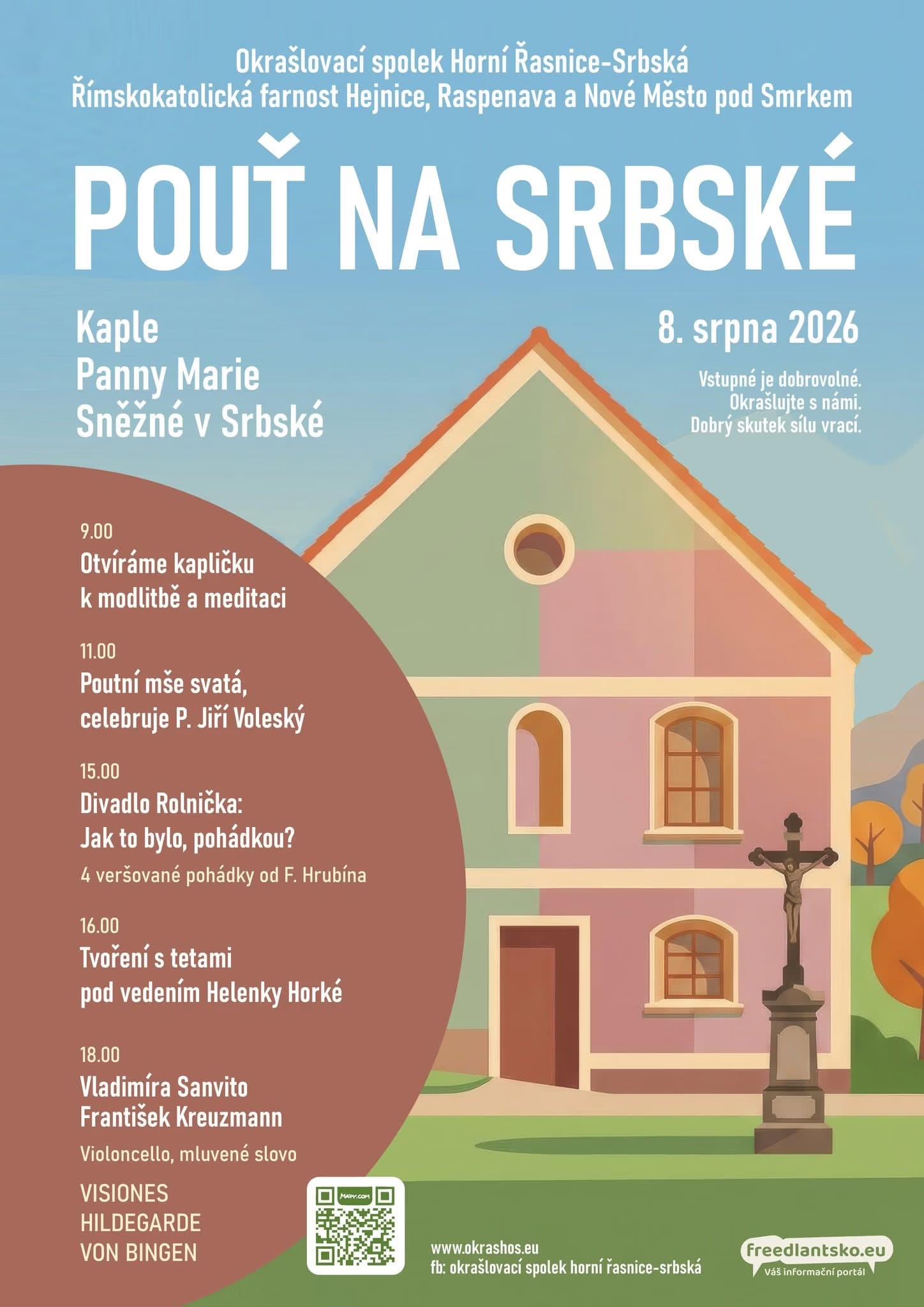Graphic poster for the Pouť na Srbské event at a chapel, featuring a church illustration.