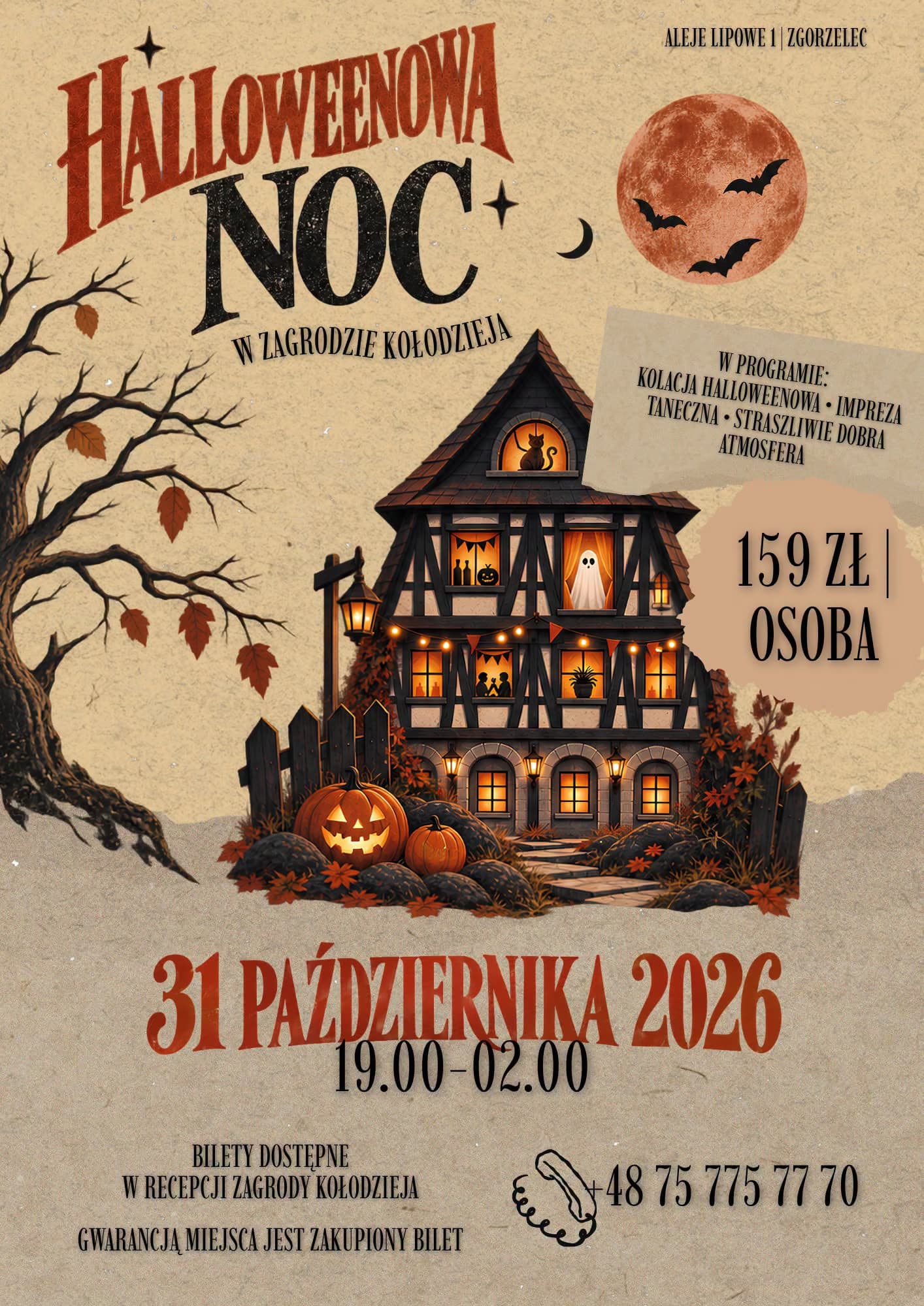 A Halloween event poster features a spooky half-timbered house, pumpkins, and a full moon.