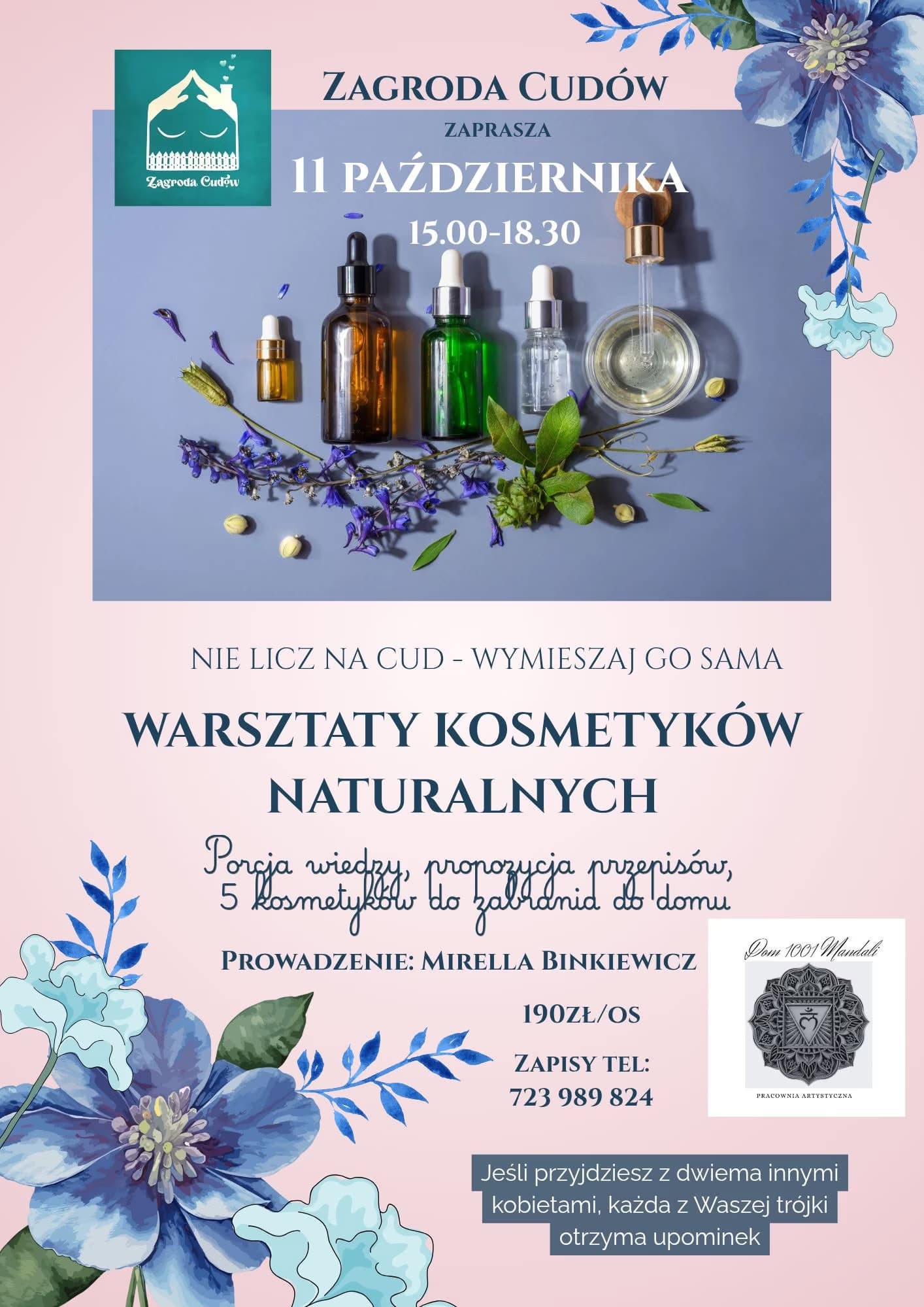 Bottles of natural oils and flowers arranged on a surface for a cosmetics workshop flyer.