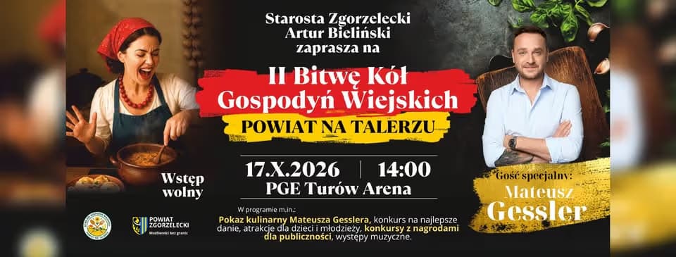 A promotional poster for a culinary competition featuring a woman cooking and celebrity chef Mateusz Gessler.